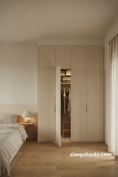 Floor to ceiling built in bedroom wardrobe with handleless greige doors hidden storage and a calm minimalist design
