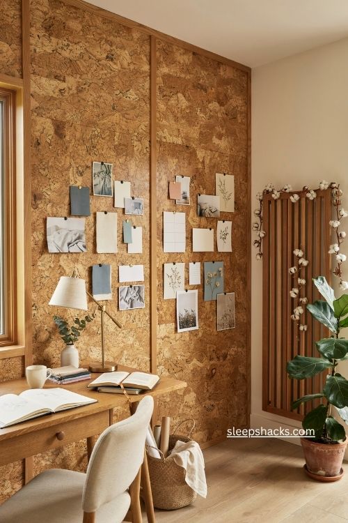 Floor to ceiling corkboard wall for a creative organized home office