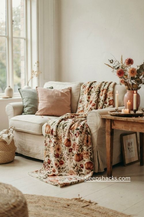 Floral velveteen pumpkin blanket on cream sofa cozy cottagecore fall decor