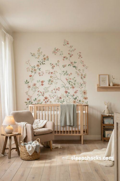 Floral wallpaper accent wall in a baby girl nursery with blush pink sage green and natural wood