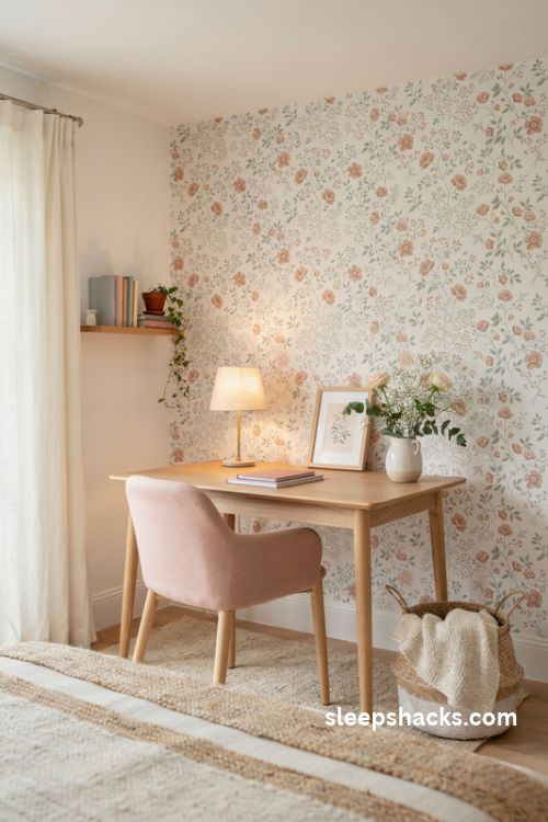 Floral wallpaper accent wall in a feminine home office with a pale wood desk, blush pink chair, soft botanical patterns, and romantic cottage decor