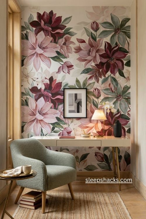 Floral wallpaper home office with lacquered desk and brass accents
