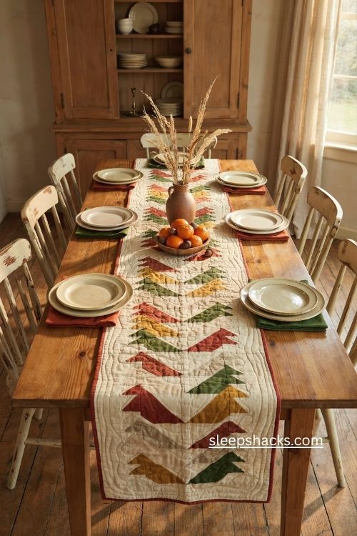 Flying geese table runner in autumn colors with rust gold green quilt blocks 