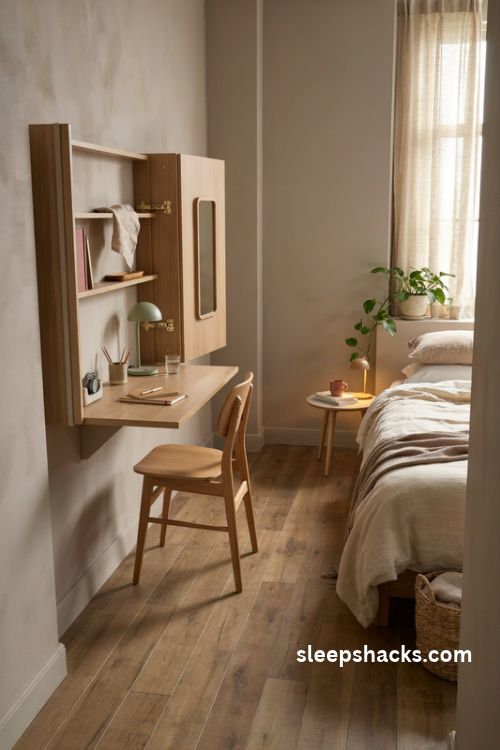 Fold down murphy desk ideas for a small bedroom with space saving storage