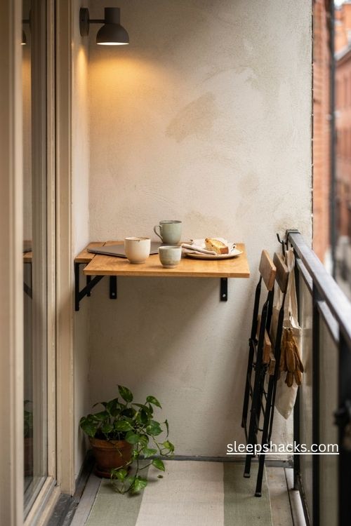 Fold down wall table for a tiny apartment balcony with folding chairs and space saving design