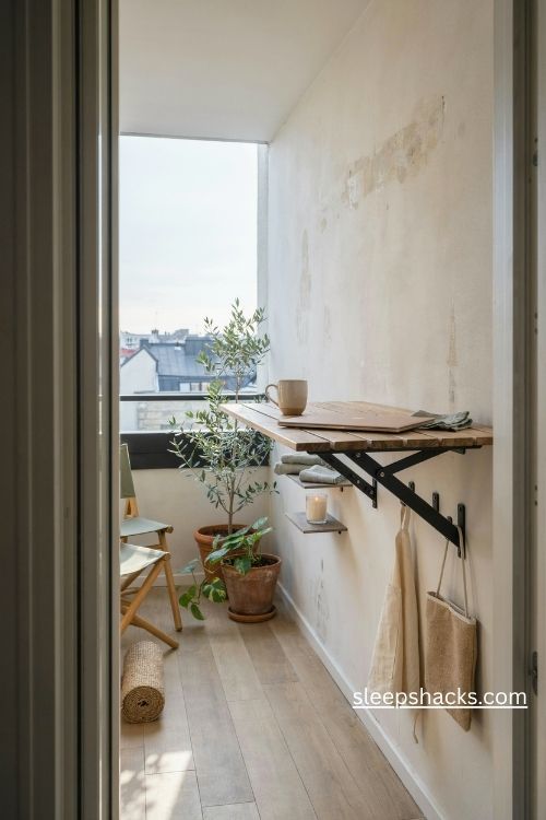 Wide-angle view from the entrance of a narrow apartment balcony, showing the full height of a tall corner shelving unit, its stepped tiers, the surrounding railing, and the clear walking space across the floor. A small urban balcony cleverly organized with a slim triangular corner shelf tucked snugly into an otherwise wasted corner, transforming an awkward empty space into a practical vertical garden and storage station. Relaxed Scandinavian cottage style with subtle rustic farmhouse influences, natural materials, and understated vintage details that feel collected gradually over time. A gentle palette of weathered natural wood, warm ivory, muted sage green, dusty terracotta, and soft beige, complemented by discreet matte-black brackets and a few woven natural-fiber baskets. Feature a tall, sturdy wooden corner shelf with adjustable stepped tiers, visible natural grain, a weather-resistant finish, and realistic proportions suited to a compact outdoor space. Arrange leafy potted plants and small terracotta succulents across the middle shelves, a flowering ceramic planter and a simple black metal lantern on the top tier, and neatly tucked woven baskets containing gardening gloves, small hand tools, and other practical supplies on the bottom shelves. Include a compact watering can positioned on a lower adjustable shelf with enough vertical clearance, demonstrating how the unit accommodates objects of different heights throughout the seasons. Add delicate trailing greenery along one side and a few small imperfections in the wood that give the shelving an authentic, well-used character. Show a subtle wall-anchoring bracket securing the tall unit against wind, with the shelf fitting naturally into the corner without blocking the balcony door, railing access, or walking path. Keep the surrounding decor minimal, with two modest floor planters and a simple folded chair positioned elsewhere on the balcony, allowing the vertical shelf to remain the visual focal point. Soft morning sunlight enters from the open railing, illuminating the wood grain, textured woven baskets, terracotta surfaces, and fresh green leaves, while gentle natural shadows emphasize the stepped arrangement and make the narrow balcony feel taller and more spacious. The atmosphere feels thoughtful, resourceful, and quietly inviting, showing how a forgotten corner can become a beautiful, hardworking storage feature without making a small balcony feel crowded; soft colors that change the mood instantly, old textures that add warmth and depth, simple details that create lasting charm. no people, no text, no watermarks, no blur, no bokeh, all surfaces in sharp focus, photorealistic, 4K resolution, editorial interior photography, Pinterest-worthy 