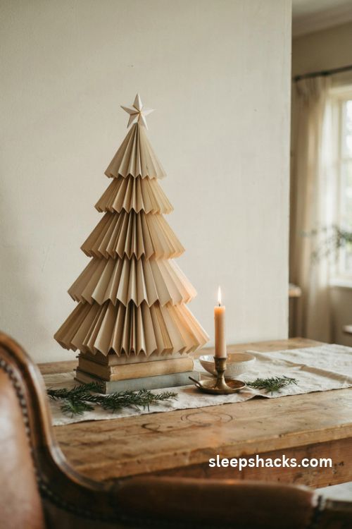 Folded book page christmas tree with vintage gold edges and cozy cottage holiday decor