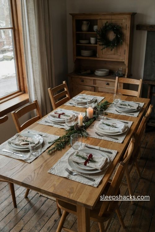 Folded christmas dinner napkin with a fresh rosemary sprig and simple ribbon