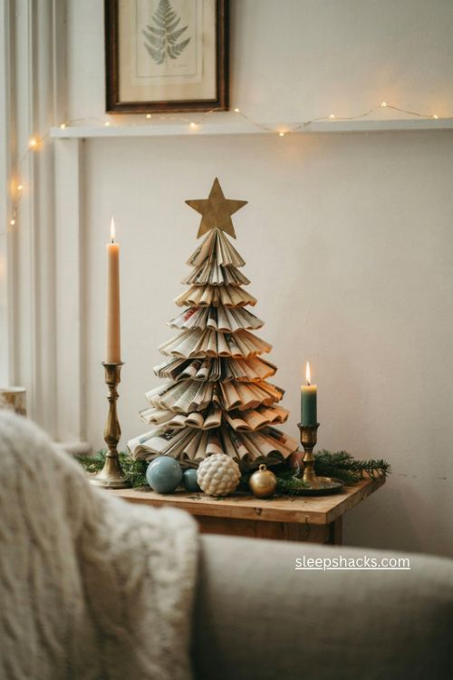 Folded magazine christmas tree on a cozy mantel with vintage holiday decor and handmade paper star 