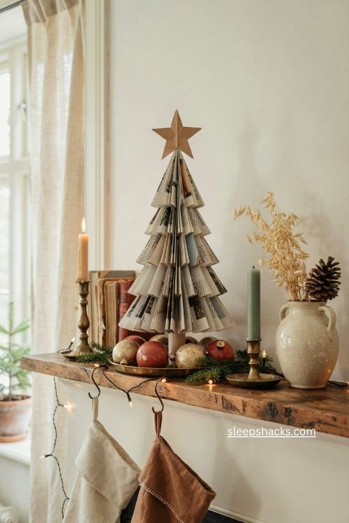 Folded magazine christmas tree with handmade gold diy holiday decor on a cozy mantel 