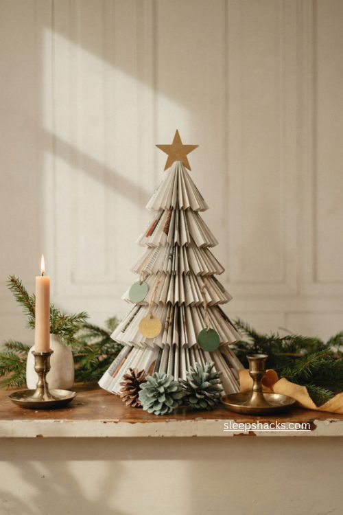 Folded magazine christmas tree with handmade vintage mantel decor 