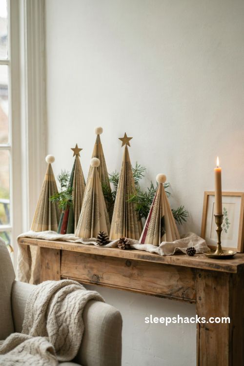 Folded paper christmas trees in kraft paper and vintage prints arranged on a rustic mantel