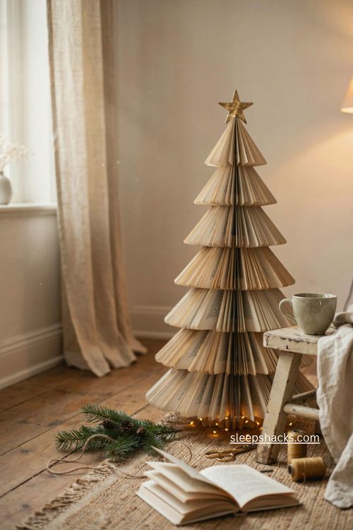 Folded paperback book christmas tree with vintage pages and cozy holiday decor 