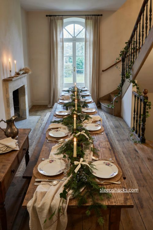 Foraged greenery garland with candles on a French country Christmas table 