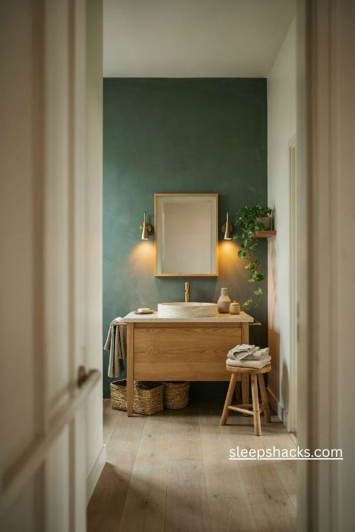 Forest green bathroom accent wall with natural wood vanity brass fixtures and trailing plants