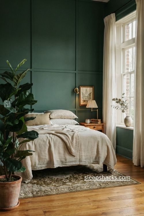Forest green bedroom ideas with brass accents creamy bedding and paneled walls
