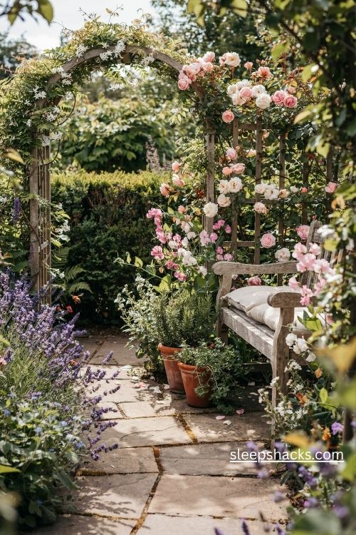 Fragrant cottage garden seating nook with lavender jasmine sweet peas and climbing roses
