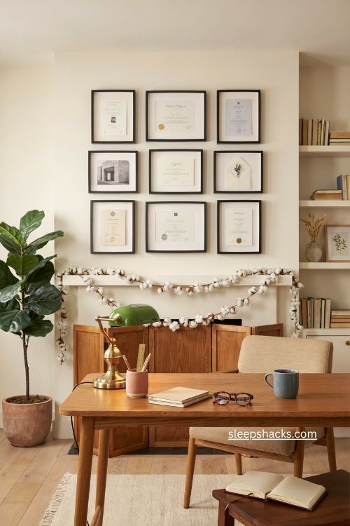 Framed accomplishments gallery wall above a professional home office desk