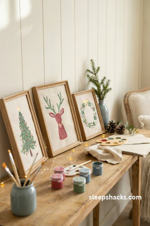 Framed christmas handprint art with reindeer wreath and tree keepsakes for grandparents