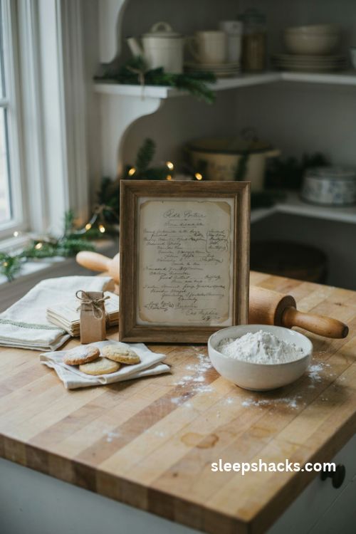 Framed family recipe card with vintage handwriting and cozy farmhouse kitchen christmas gift idea