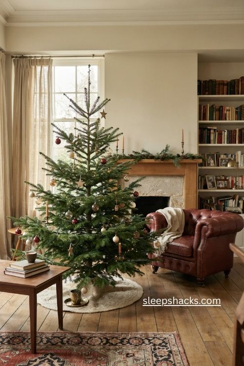Fraser fir Christmas tree with blue green needles and classic cozy holiday decor 