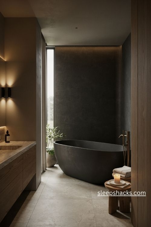 Freestanding black bathtub against charcoal walls with brass floor mounted faucet and warm wood accents