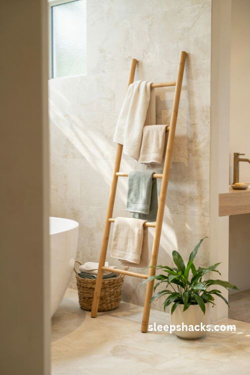 Freestanding ladder towel rack in a neutral bathroom with bamboo wood ivory towels and spa inspired decor