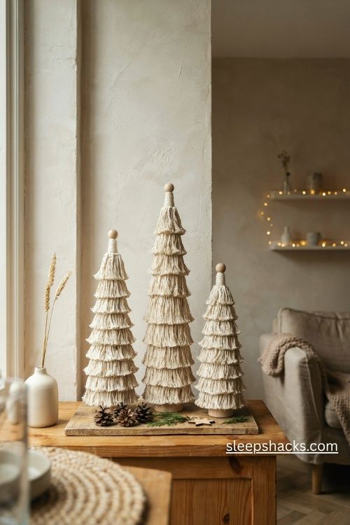 Freestanding macrame christmas cone trees in graduated sizes on a rustic wooden tray