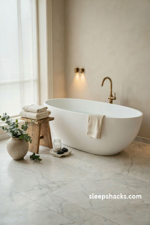 Freestanding soaking tub in a luxurious bathroom with marble floors and brushed brass fixtures