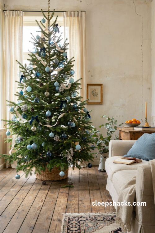 French blue Christmas tree with dusty blue glass ornaments ivory ribbon silver accents and navy velvet bows in a cozy country living room