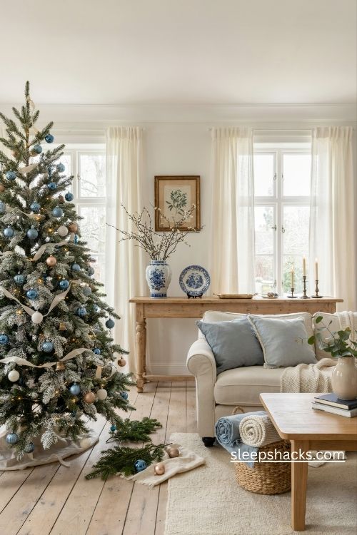 French blue and champagne christmas decor with a flocked tree blue ornaments and elegant porcelain accents