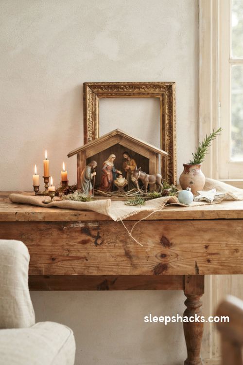 French country Christmas crèche with hand painted Provençal santon nativity figures rustic wooden stable moss pinecones and warm candlelight