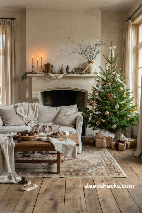 French country Christmas decor with natural linen antique brass candlesticks muted greenery and romantic rustic elegance