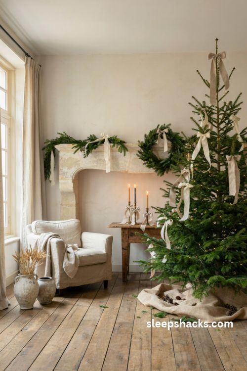 French country Christmas decor with oatmeal linen ribbon frayed cotton bows rustic burlap tree base and natural pinecones