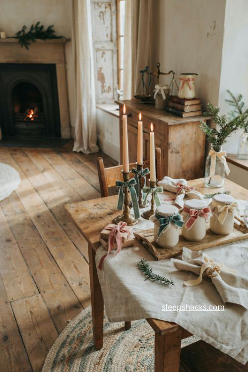 French country Christmas decor with sage blush and cream ribbons 