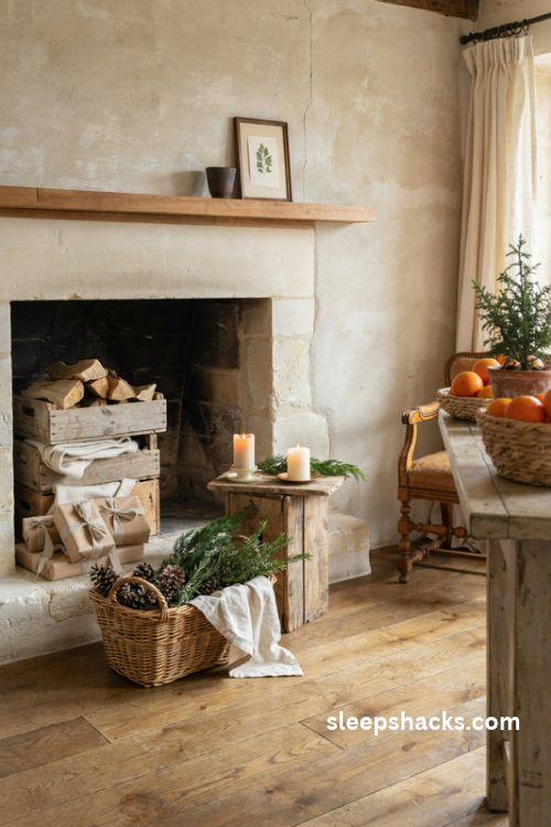 French country Christmas decor with weathered wooden crates wicker market baskets pinecones evergreen branches and fresh winter clementines