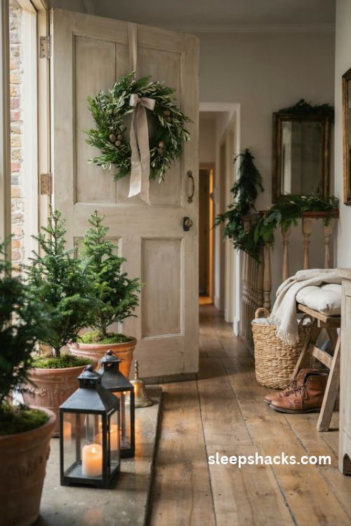 French country Christmas entryway with natural evergreen wreath matching potted trees rustic lanterns woven basket and a cozy linen bench
