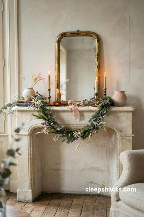 French country Christmas garland with dried lavender eucalyptus babys breath wheat stems and faded blush velvet ribbon over an antique mantel