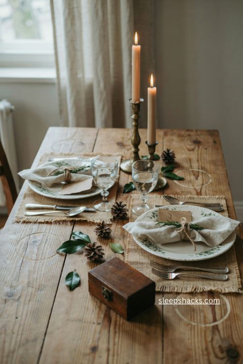 French country Christmas place cards with winter greenery and linen napkins 