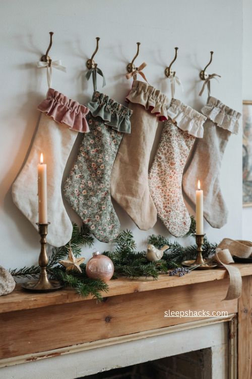 French country Christmas stockings with ruffled cuffs and floral fabric 