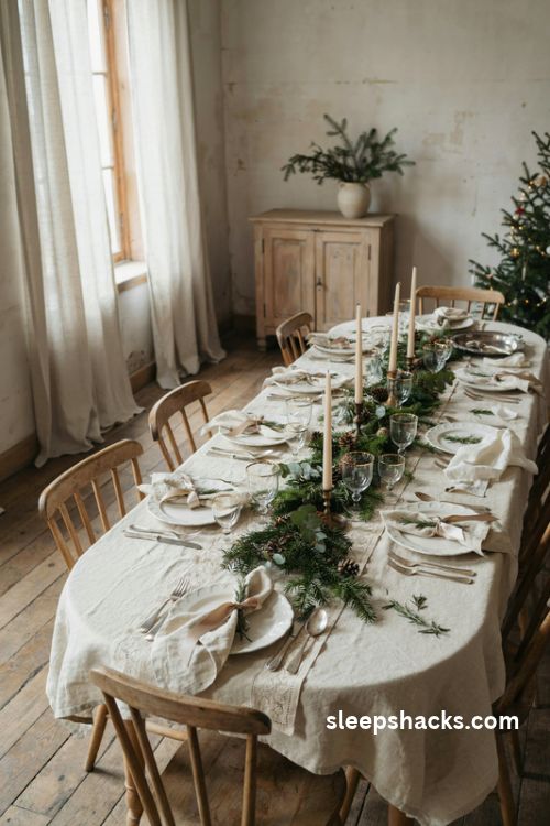 French country Christmas table with cream linen tablecloth white dinner plates gold rimmed glasses evergreen garland and antique silverware