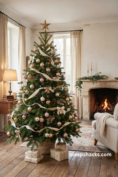 French country Christmas tree with antique gold ornaments cream velvet bows gilded pinecones and warm fireplace glow