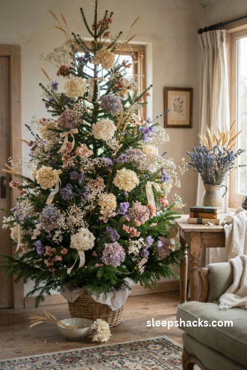French country Christmas tree with dried hydrangeas lavender wheat stems and soft cotton ribbon