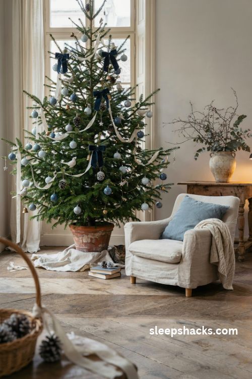 French country Christmas tree with dusty blue glass ornaments cream ribbon and white ceramic birds