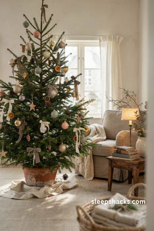 French country Christmas tree with muted vintage ornaments linen bows and soft rustic farmhouse charm