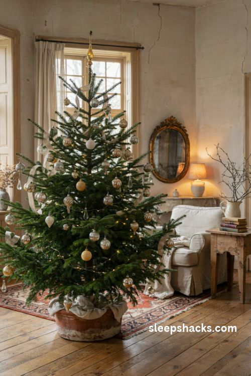 French country Christmas tree with vintage mercury glass ornaments in antique silver gold and champagne