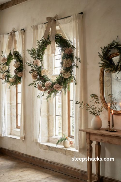 French country Christmas wreath with cedar boxwood olive branches dried hydrangea and a long oatmeal linen ribbon on a cottage window