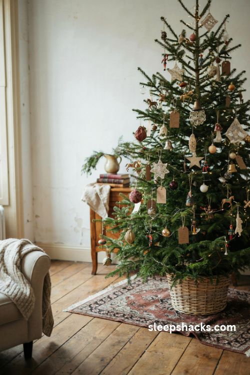 French country antique toy Christmas tree with vintage wooden toys brass bells lace doilies and family heirloom ornaments