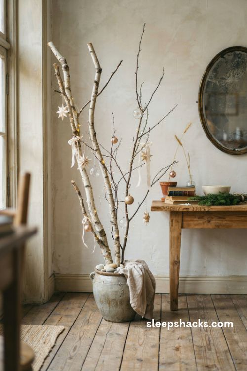 French country birch winter branch Christmas tree in a rustic ceramic crock with glass ornaments paper stars and warm fairy lights