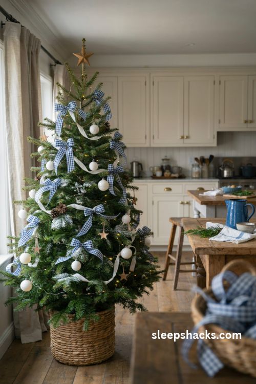 French country blue and white gingham Christmas tree with wired bows white ceramic ornaments wooden stars and woven basket